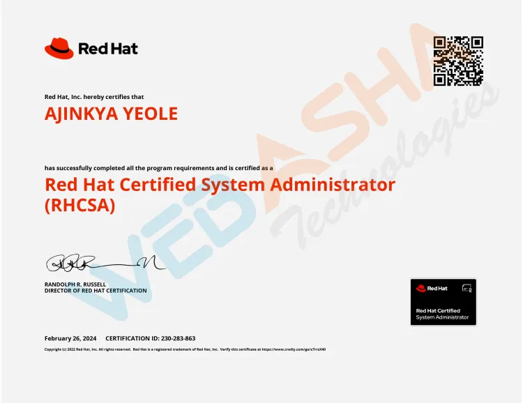 Ajinkya Yeole Has Successfully Completed Red Hat Certified System Administrator RHCSA | EX200 Exam